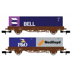 NS, 2-unit set flat wagons Kbs, brown livery, loaded with one 40' container BELL and two 20' container Nedlloyd and P&O, period IV-V - ARNHN6400