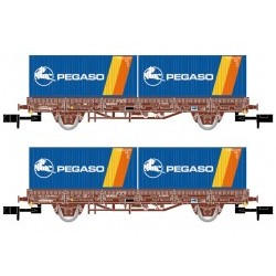 RENFE, 2-unit set 2-axle flatwagon, oxygen red livery, loaded with 2 containers "Pegaso", period IV - ARNHN6422