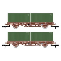 RENFE, 2-unit set 2-axle flatwagon, oxygen red livery, loaded with 2 military containers, period V - ARNHN6423