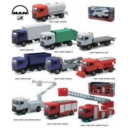 1/43 10 Asstd.Styles: Man F2000 Tanker or Box or Garbage or Roll-Off or Dump or Towing or Snow Plow or Line Maintenance or Fire Engine or Fire Ladder Truck - NRA15493
