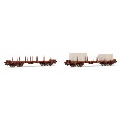 FS, set due Carri pianale a 4 assi, tipo Rmms, uno caricato con blocchi marmo, uno senza carico, livrea marrone, epoca IV-V - RIVHR6461