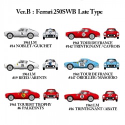 1/24 Ferrari 250SWB Late Version Ver.B : -Late type body -Left-hand drive specification 1961 LM #14 NOBLET/GUICHET - 1961 LM #19 REED/ARENTS - 1961 TOURIST TROPHY #6 PALKESNTS - 1961 TOUR DE FRANCE #142 TRINTIGNANT/CAVROIS - 1961 TOUR DE FRANCE #147 OREIL